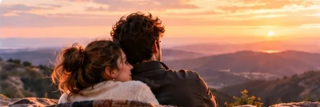 A couple cuddling together while watching the sunset