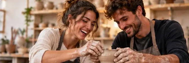 A couple enjoying a pottery workshop together