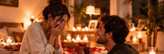 A partner being surprised during a romantic at-home date setup