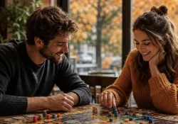 A couple playing board games at a cozy café