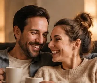 Busy parents relaxing together with coffee at home